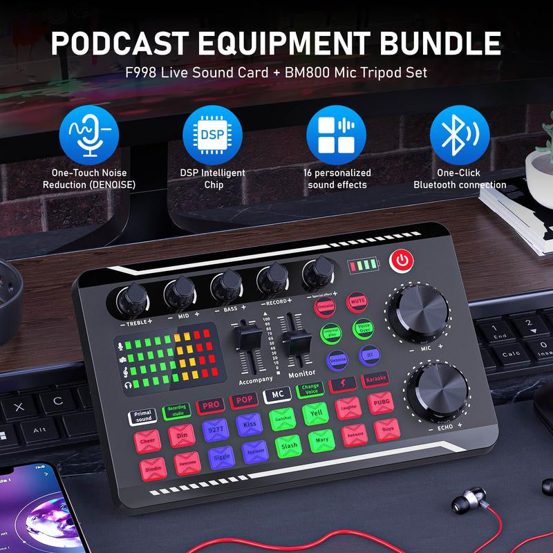 Facmogu F998 Live Sound Card Audio Mixer, Podcast Audio Interface with DJ Mixer Effects, Voice Changer with Sound Effects for Live Streaming, Recording, and Gaming,Live Streaming Microphone Audio Bundle